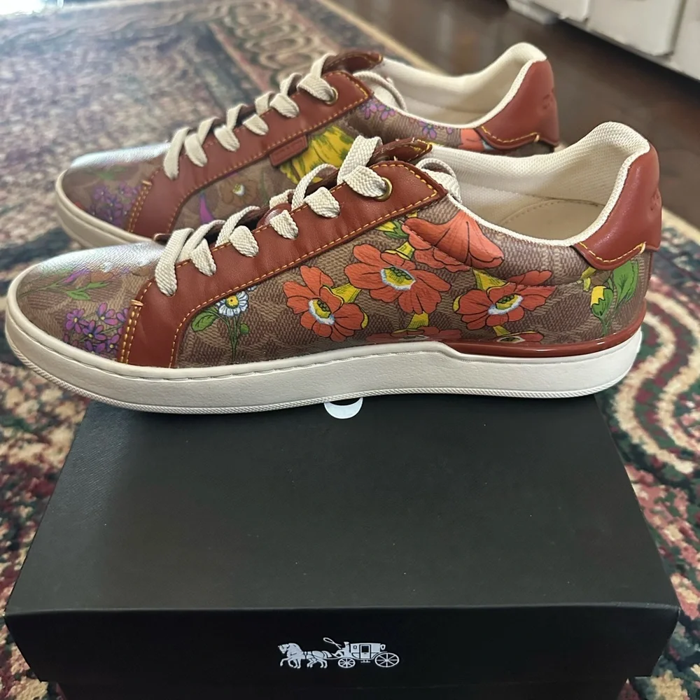 Coach women’s 9.5 B lowline Coated Canva Tan/Rust shoes sneakers floral with box - Picture 5 of 15